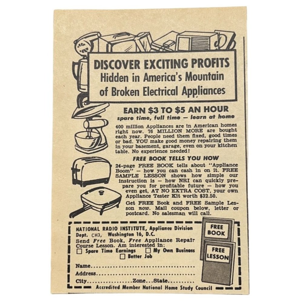 National Radio Institute Mini Print Ad Vintage 1963 Fix Small Appliances